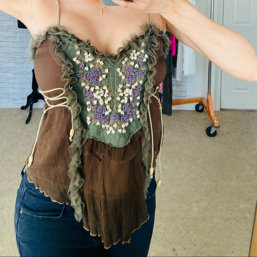 Boho hand crafted brown top size Small - Picture 3 of 15